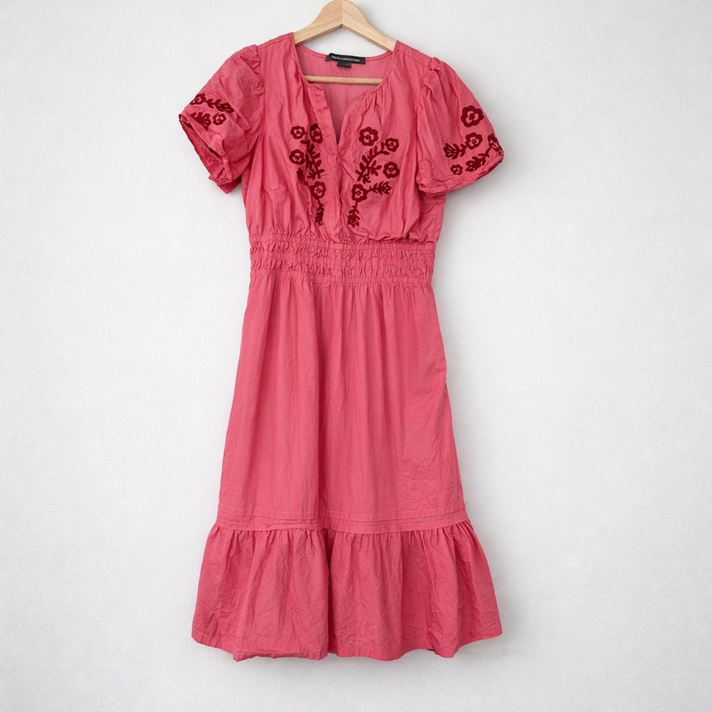 French Connection Pink Embroidered Cotton Dress Small Boho Puff Sleeve Midi